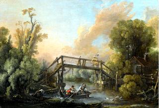 A River Lanscape with a Woman Crossing a Bridge