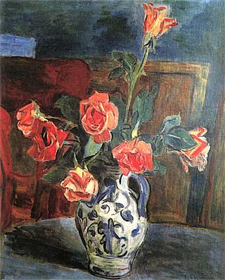 Roses in a Blue Pitcher