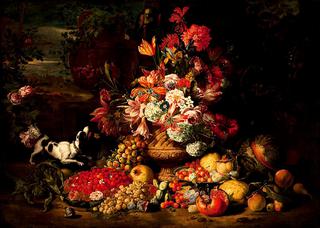 Still life with flowers, fruits and dog