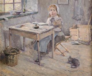 Interior with a girl and kitten