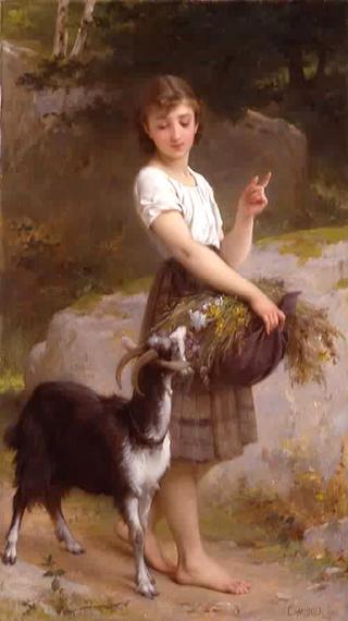 Young Girl with Goat and Flowers