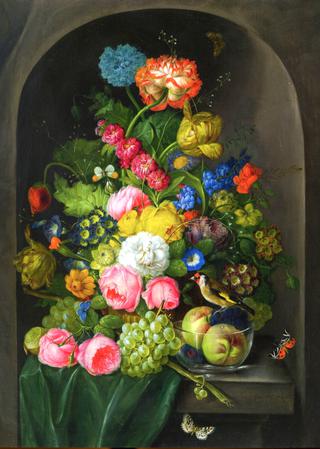 Large Floral Piece with Fruit and Goldfinch