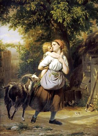 A Mother And Child With A Goat On A Path