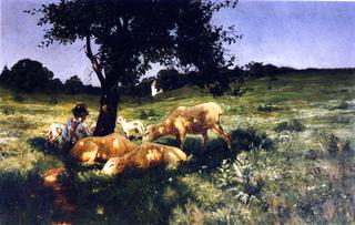 Boy and Sheep Lying under a Tree