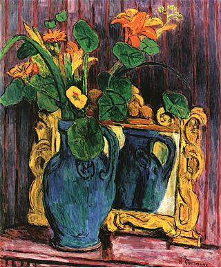 Lilies in a Green Vase in front of a Baroque Mirror