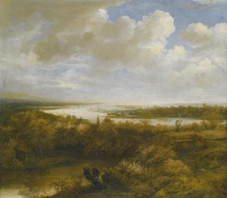 Dune Landscape with a Hunter And His Dog Walking, a Windmill, And Sailing Boats on the Water