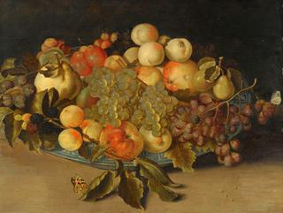 Still Life with Blackberries, Apples, Peaches and Pears in a Blue and Whit Porcelain Bowl