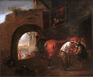 A Blacksmith on the Outskirts of a City Wall, an Italianate River Landscape Beyond the Archway