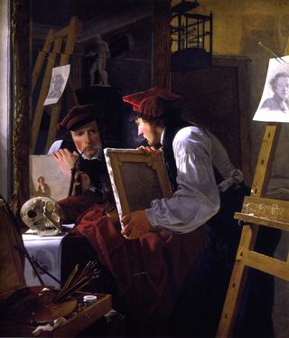 一位年轻的艺术家（迪特列夫布伦克）在镜子里检查一幅素描