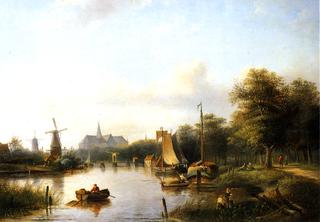 A View of the River Spaarne, Haarlem, with Moored Shipping and a Hay-Barge, the St. Bavo Church in the Background