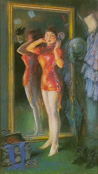 Actress in red before mirror