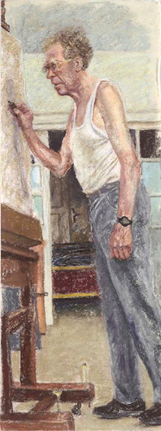 Self-Portrait in Grey Trousers and White Vest Facing Easel