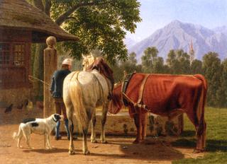 A Horse and Cow at a Well, in the Background Mountain Peak Niesen