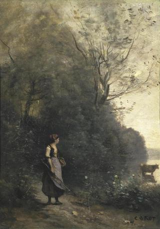 A Peasant Woman Grazing a Cow at the Edge of a Forest