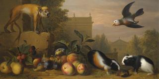 Landscape with a Capuchin Squirrel Monkey, Two Guinea Pigs, a Blue Tit and an Amazon Parrot