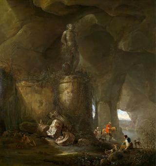 A grotto with travellers and a sculpture of Bacchus