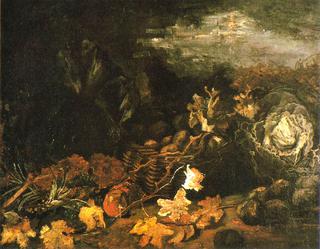 Still Life with Cabbages, Potato Basket and Leaves