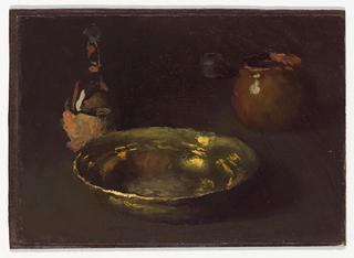 Still Life with Wine Bottle and Metal Bowl