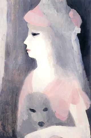 Woman in Profile in a Bonnet with Her Dog in Her Arms