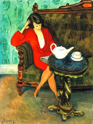 Woman in Red Green Room