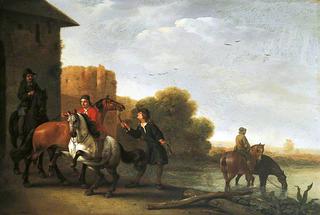 Riders Watering Their Horses