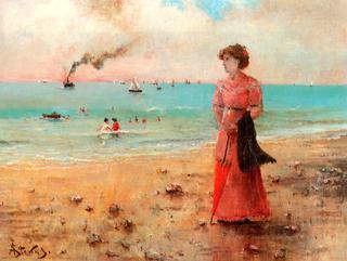 Young Lady with Red Umbrella on the Beach