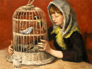 A girl with a birdcage