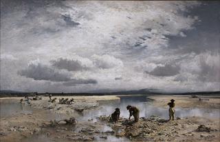 在特尔兹附近的伊萨尔湖床上采集石灰石的妇女