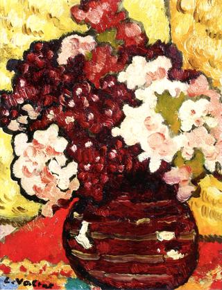 Carnations in a Round Red Vase