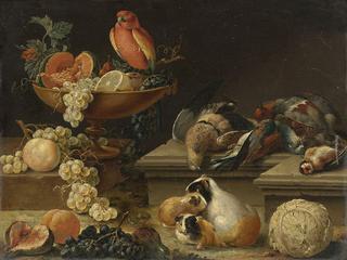 Still life with a Parrot, Game Fowl, Guinea Pigs and Fruit