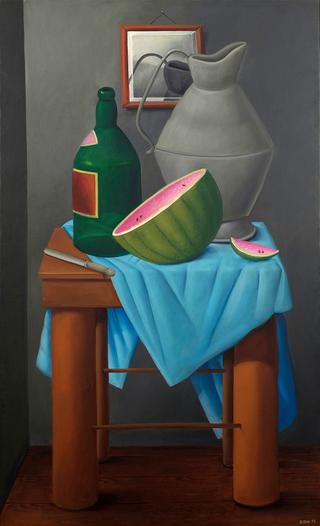 Still Life with Watermelon and Green Bottle