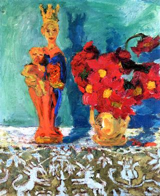 Still Life of Ponpon Dahlias and a Madonna Figurine