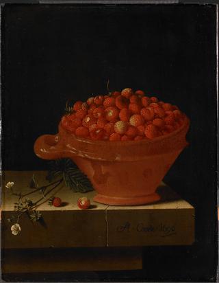 A Bowl of Strawberries on a Stone Plinth