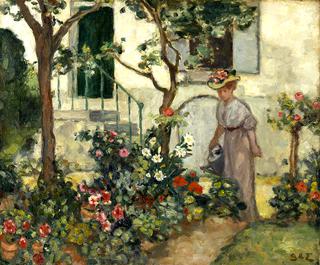 Woman watering Flowers