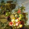 Still Life of Roses, Morning Glories, Chrysanthemums, Forget-me-nots, Grapes and Raspberries by a Decorative Stone Urn on a Ledge in a Landscape