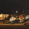 有一个罗默在旁边的静物画，两个锡盘子，一个牡蛎和一个面包卷
