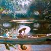 白色的独木舟，两位年轻的女士在弗拉特福德的斯托尔上斜倚在独木舟上