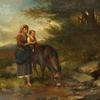 一位妇女在河边扶着一个骑在驴子上的男孩