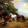 日落，阿拉伯人骑着一匹棕色的马和一匹白色的马