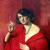 一个穿着红色衣服，手里拿着烟的女人