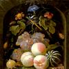 石头龛里有葡萄、桃子、瓜、罂粟和昆虫的水果和花朵的静物