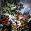 An Outdoor Scene with a Fountain, an Urn and a Basket of Roses, Peonies, Poppies, Hydrangeas and Other Flowers