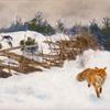 冬季狐狸和猎犬的场景