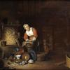 The interior of a cottage with a peasant woman cleaning kitchen utensils, a peasant coming up from the cellar on her left