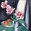 蓝白花瓶里插着粉红玫瑰和橘子的静物画