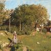 花园里一个农家女孩的风景，背景是晾衣绳和洗衣房