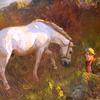 灰色的小马，奥格劳，和新郎乔治·柯松在沙坑里