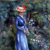 一个穿着蓝色裙子的女人，站在圣云的花园里