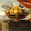 一碗苹果、梨和李子的静物画，摆在一张木桌前的风景