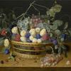 Still life with plums, grapes and peaches in a wicker basket, with Cherries, Hazelnuts, a Beetle and  a Butterfly on the Woodentabletop Beneath”